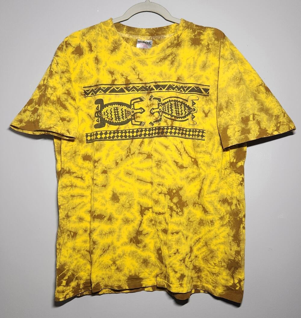 Vtg Y2K Yellow Brown Tie-dye Single Stitch T-shirt Tribal Turtles Mens Large